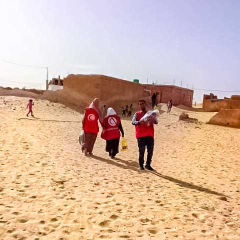 A photo of Algerian Red Crescent volunteers walking in a desert town to distribute food, masks and sterilizer to primary schools. 