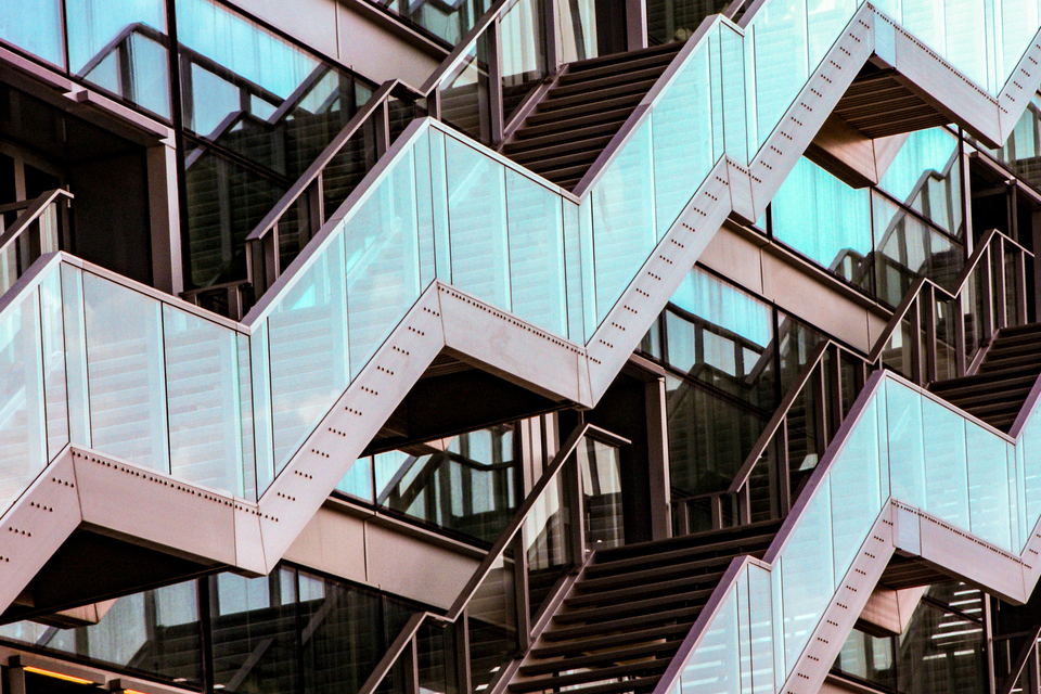 Staircases on the facade of a building.