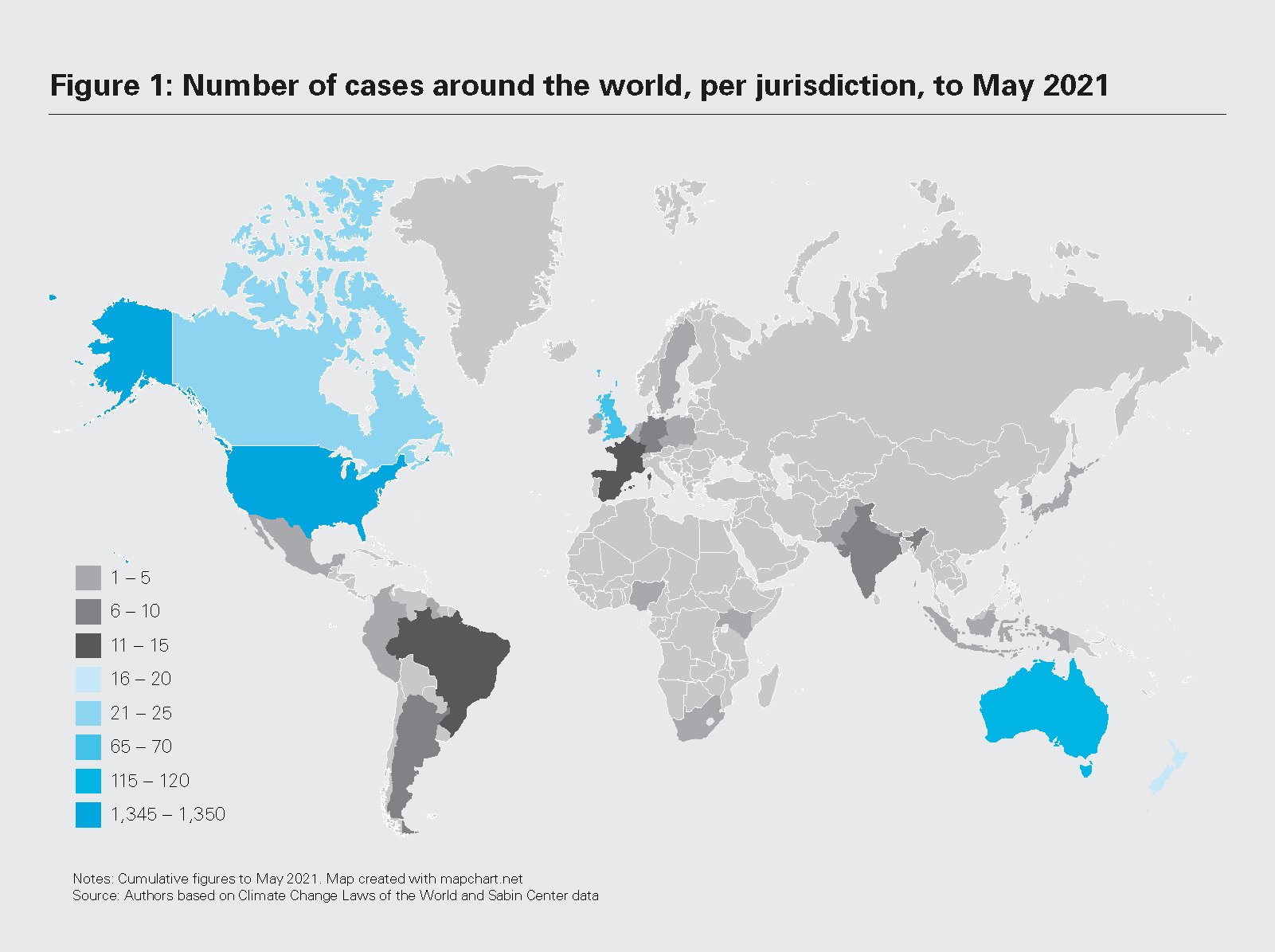 Figure 1: Number of cases around the world, per jurisdiction, to May 2021