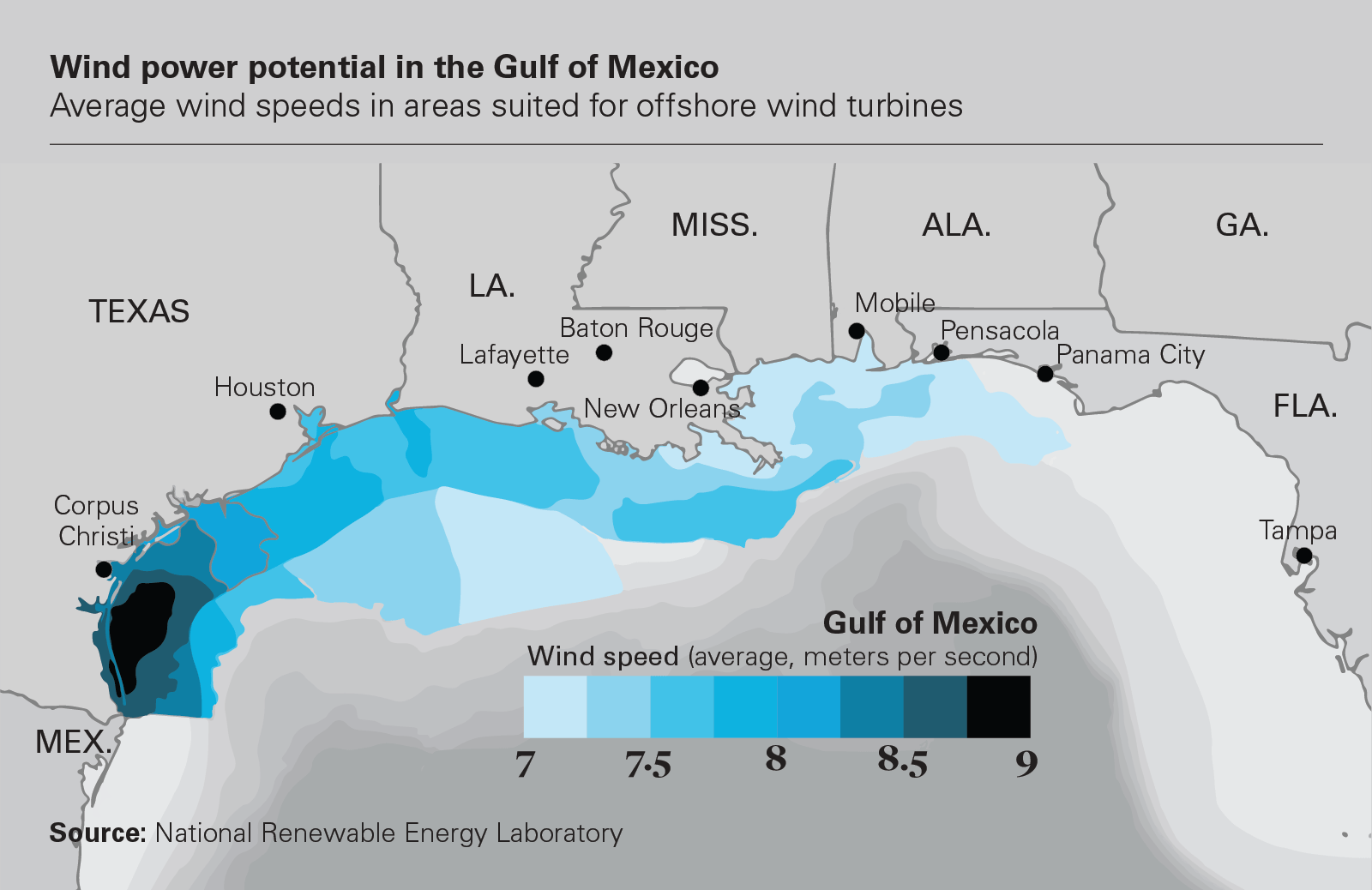 Wind power potential in the Gulf of Mexico
