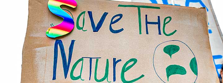 A closeup image of a hand-drawn sign at a climate strike march in The Hague, Netherlands. The sign says, ”Save the Nature.”