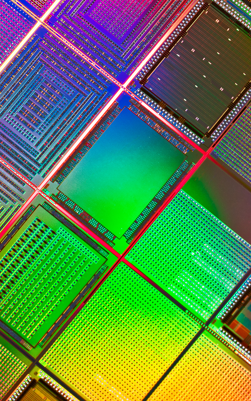 A close-up of a semiconductor wafer.