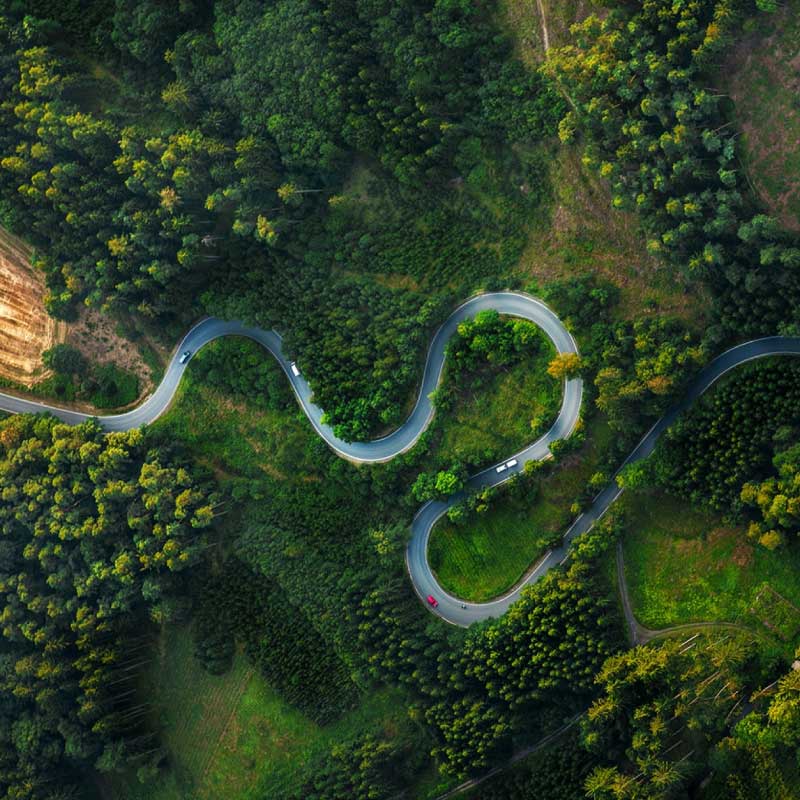 Winding road in the forest aerial shot