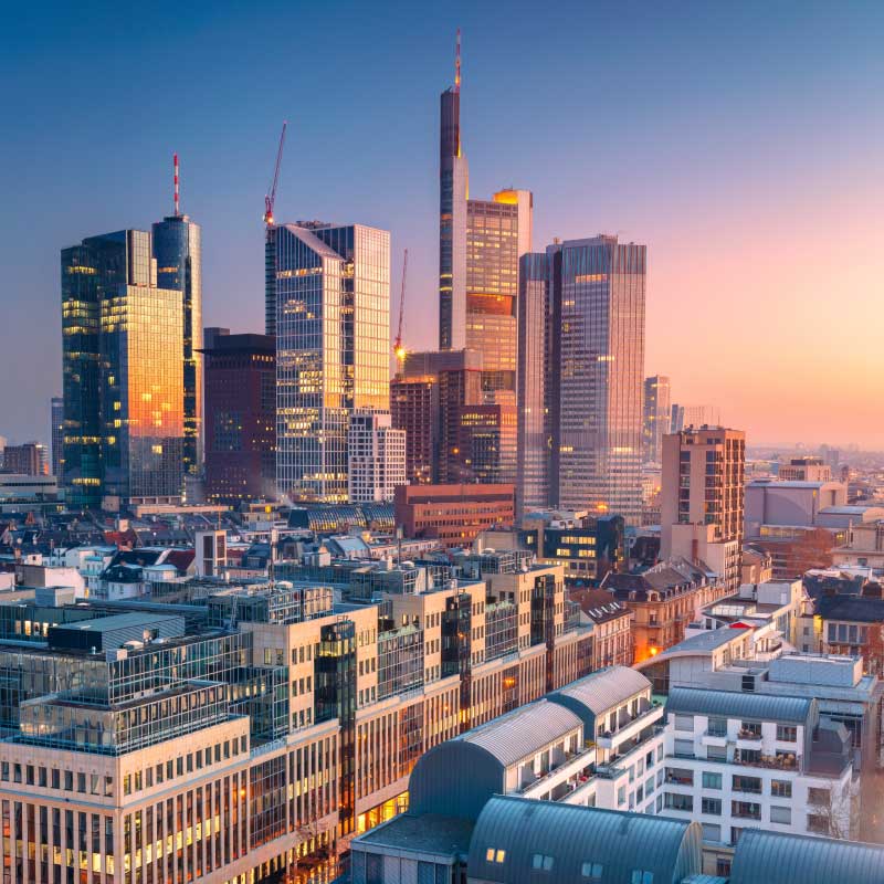 Aerial view of the skyline of Frankfurt at sunrise