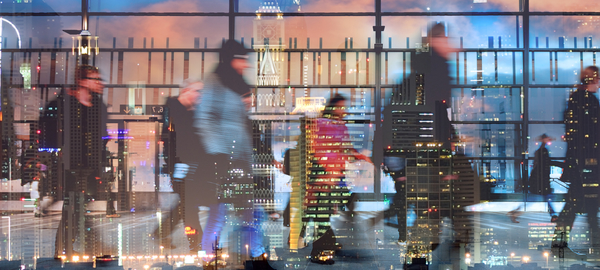 Workers leaving the office at night in the United Arab Emirates