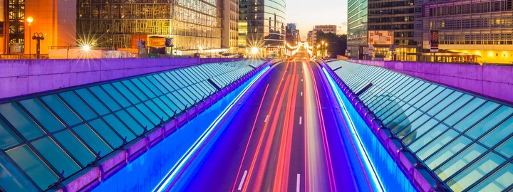 long exposure of blue traffic light trails
