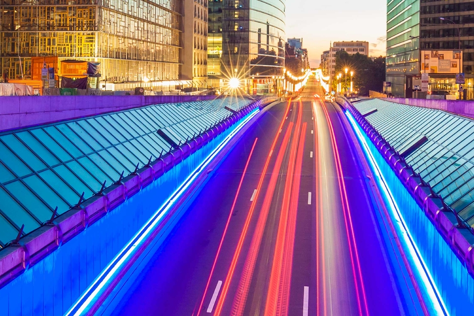 long exposure of blue traffic light trails