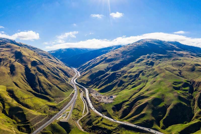 Aerial of California Grapevine and Interstate 5 Freeway Farmland