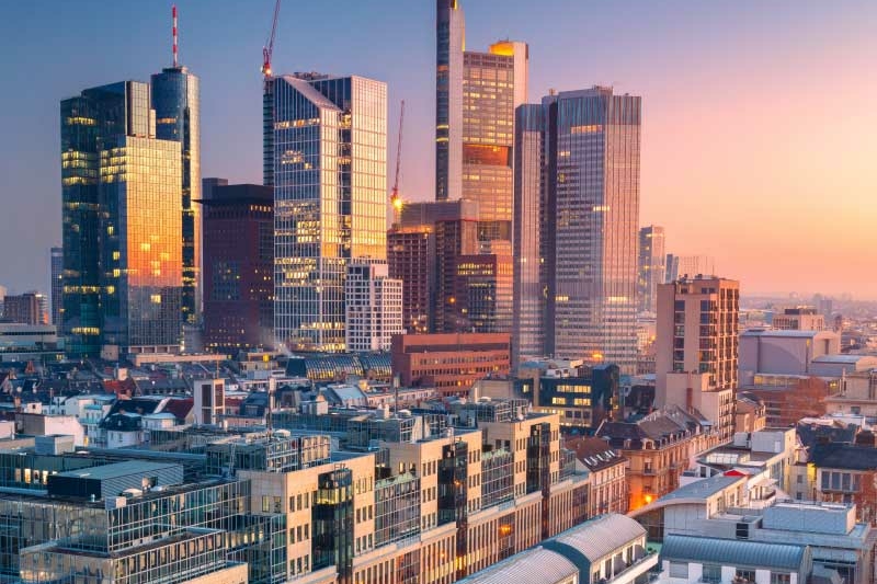 Aerial view of the skyline of Frankfurt at sunrise