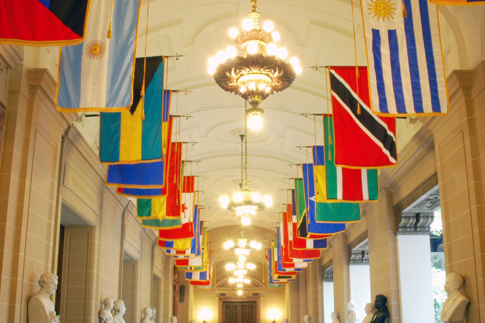 The white, arched paneled ceiling of the Hall of Heroes at the headquarters of the Organization of American States lined with the flags of the Member States.