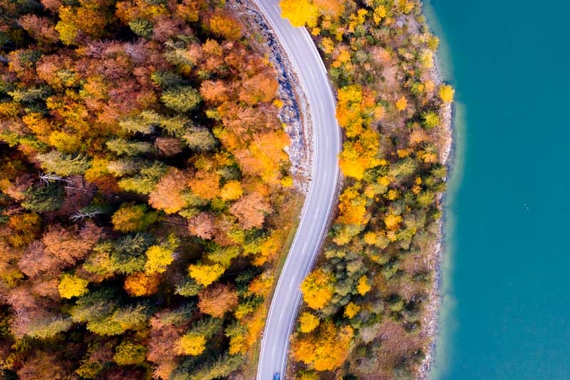 aerial view of road in autumn forest and blue sea