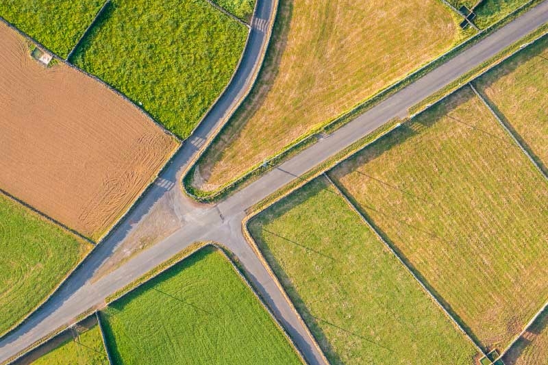 aerial view of road and fields