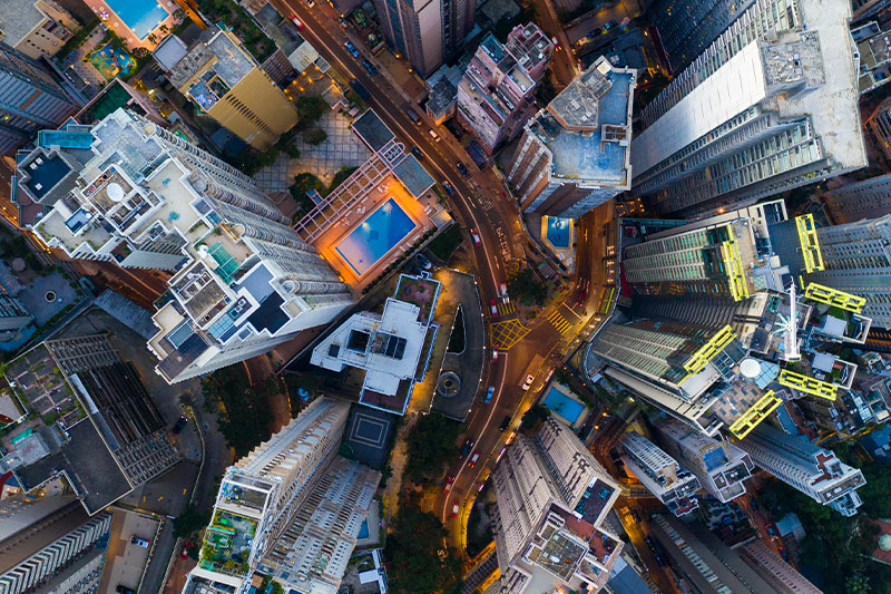 Birds eye view of skyscrapers