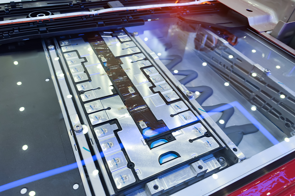 A close-up image of a lithium battery pack and power connectors in an electric vehicle.