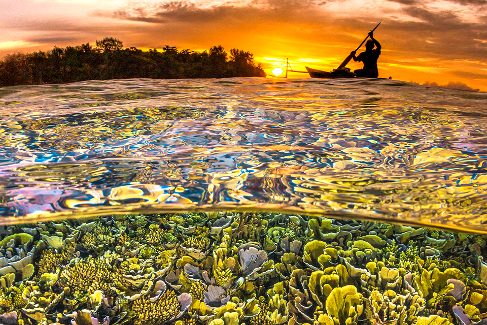 Image from a camera half-submerged in the tropical waters of Lissenung Island, Papua New Guinea. Under water, dense and varied green coral is visible. Above water, an island and a person paddling a traditional outrigger canoe are silhouetted against a vibrant orange sunset.