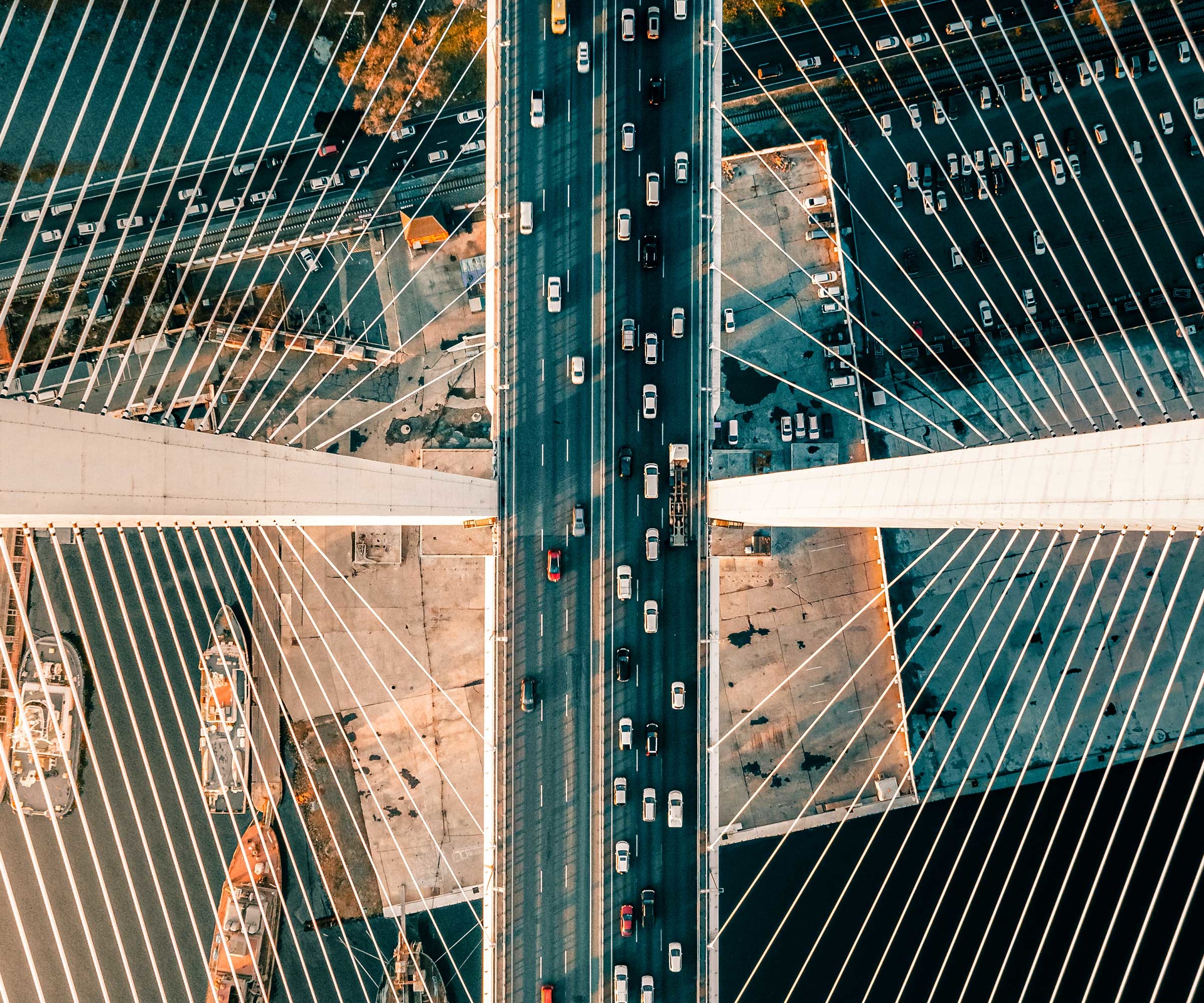 An aerial view of Zolotoy Bridge in Vladivostok, Russia. © Vitaly Golovatyuk