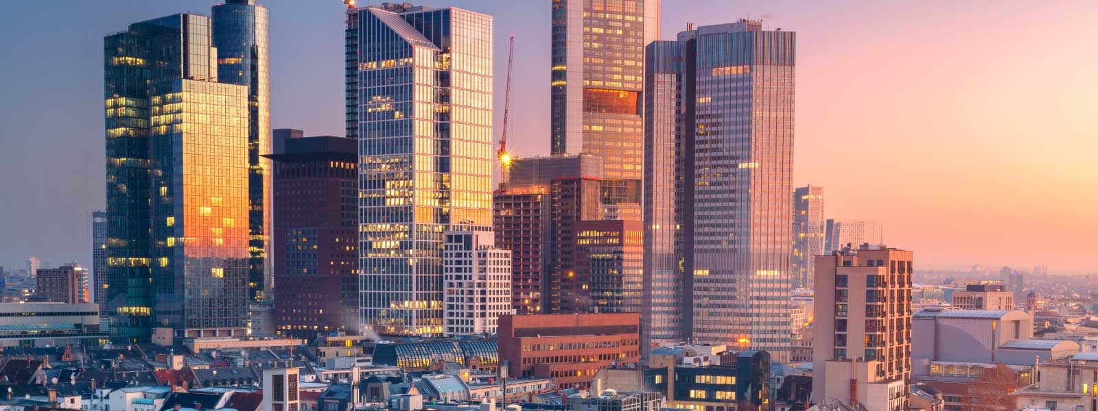 Aerial view of the skyline of Frankfurt at sunrise