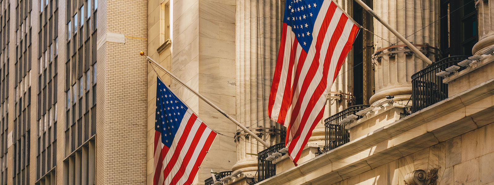 American flags on side of building