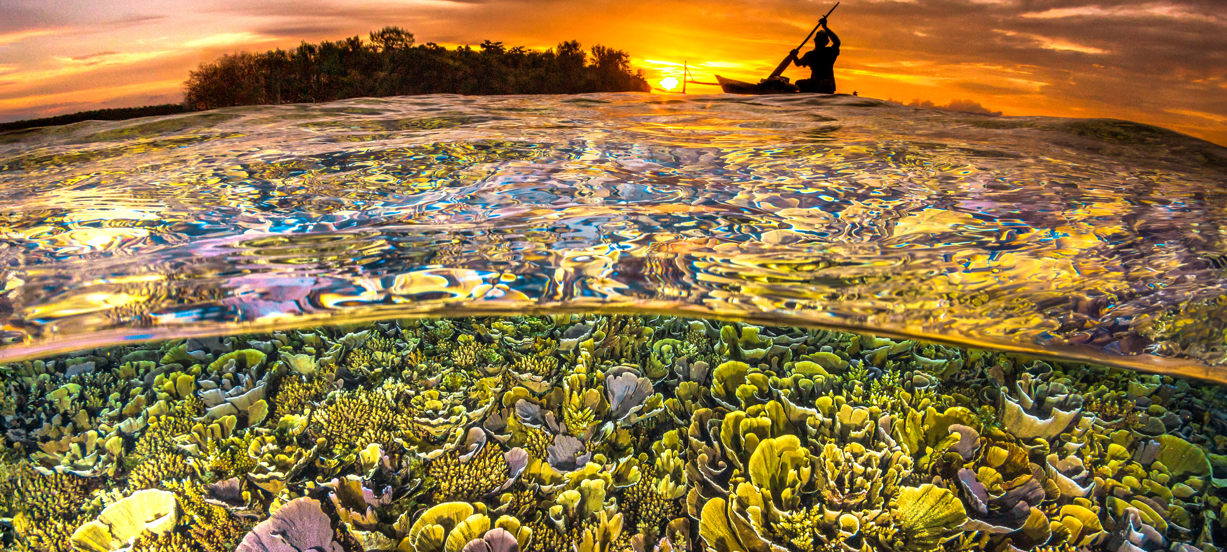 Image from a camera half-submerged in the tropical waters of Lissenung Island, Papua New Guinea. Under water, dense and varied green coral is visible. Above water, an island and a person paddling a traditional outrigger canoe are silhouetted against a vibrant orange sunset.