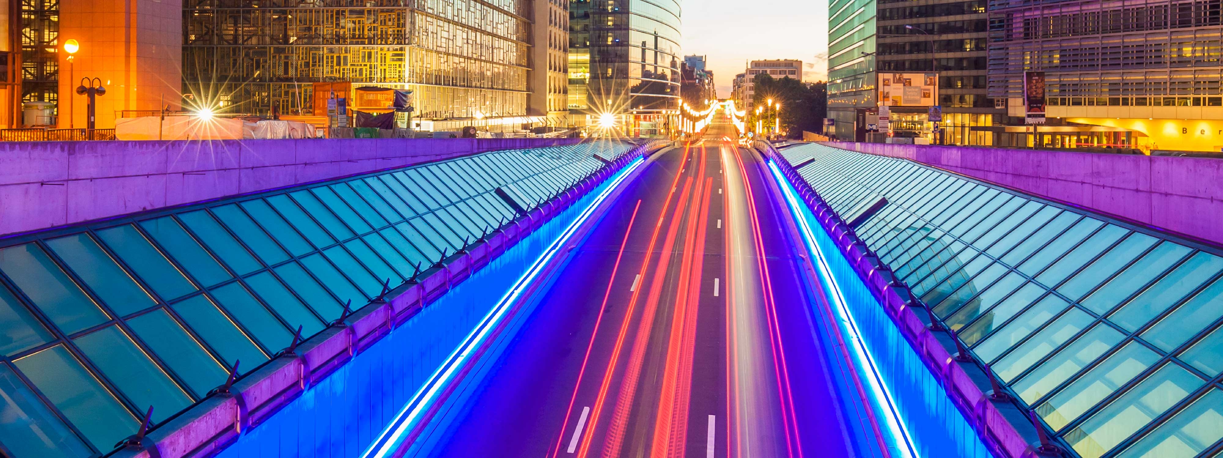 long exposure of blue traffic light trails