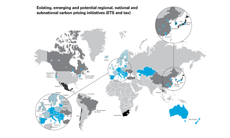Existing, emerging and potential regional, national and subnational carbon pricing initiatives (ETS and tax)